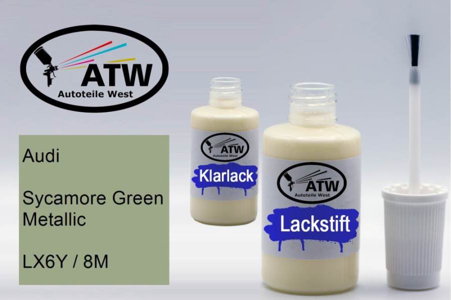 Audi, Sycamore Green Metallic, LX6Y / 8M: 20ml Lackstift + 20ml Klarlack - Set, von ATW Autoteile West.